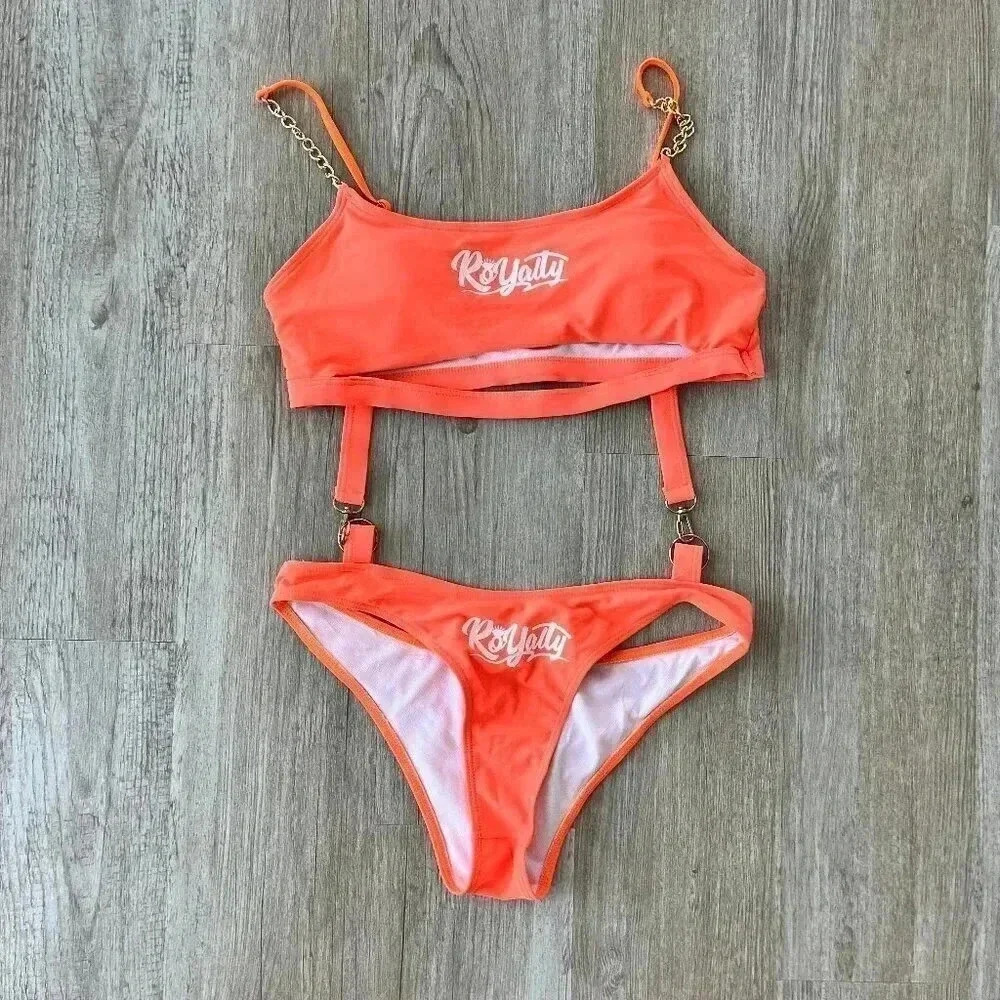 Womens Orange Royalty Chain One Piece Swimsuit - L